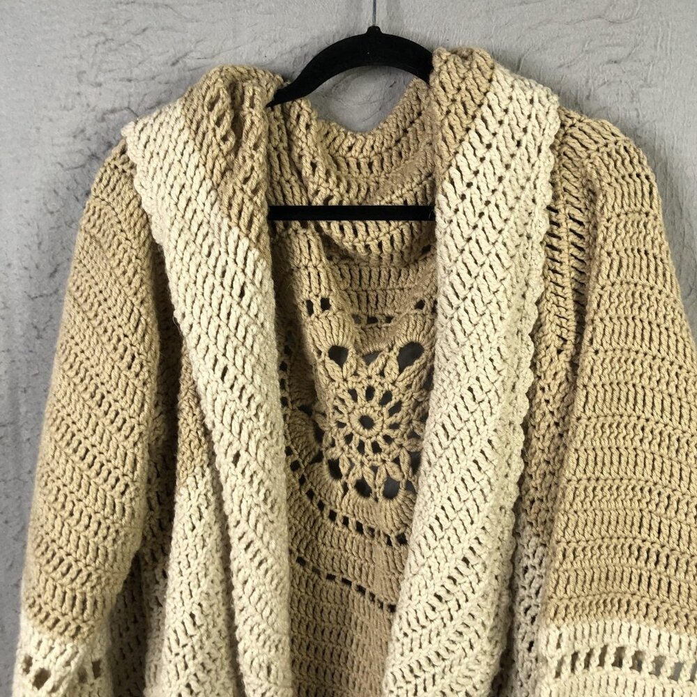 Crochet Cardigan Sweater Womens Handmade Beige Grannycore Boho Hippie Retro 70s - Picture 7 of 15